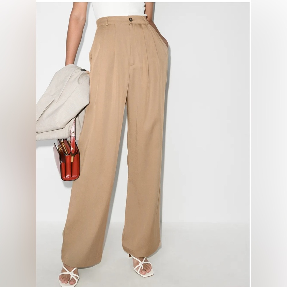 Reformation Mason Pant Khaki Trouser Wide Leg High Waisted Pleated Relax Button